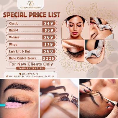 SPECIAL PRICE LIST YOU CAN'T MISS! 
Get that flawless lash & brow look for less -- only at Extreme Lash and Brows!
 Valid until 07/