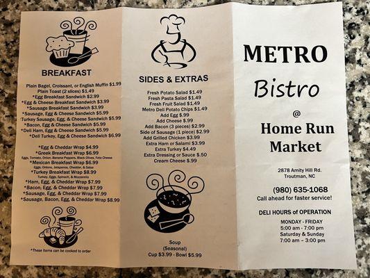 Metro Bistro @ Home Run Market menu 1 of 2