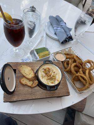 Crab soup and onion rings.