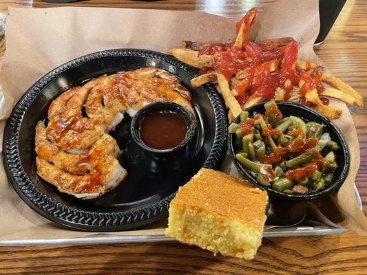Glazed shrimp, green beans / bacon, and cornbread!