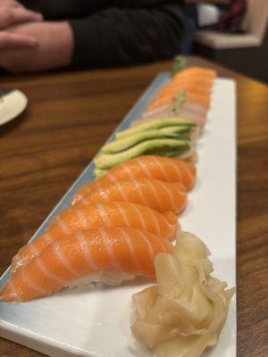 Salmon, super white w/avocado, hamachi, smoked salmon nigiri.