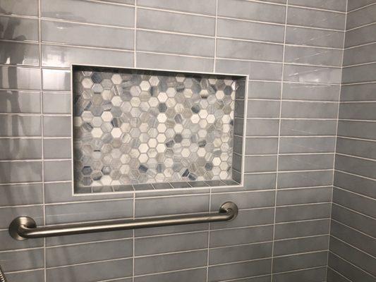Bathroom remodel, grab bars, shower niche