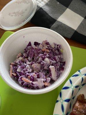 Pineapple coleslaw. Creamy style. Slaw is crisp w/ the pineapple adding to the sweetness.