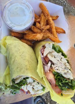 Chicken bacon ranch wrap with fries