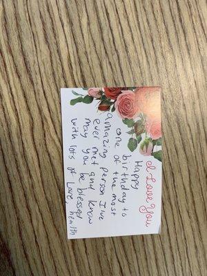 This is the card that they wrote, it don't even say who it's from and the writing is from a 5yr old!