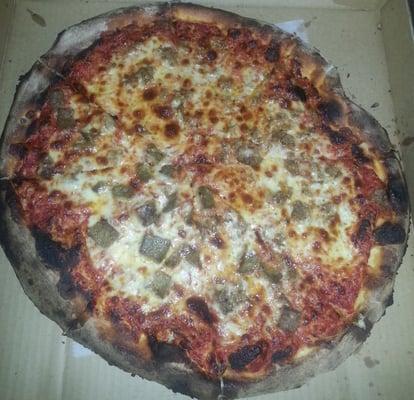 Large pie (half sausage, half meatball), supposed to be 16 inches, but was 15. It was burned. Just go to Rocco's and save $$$