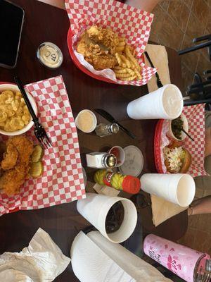 Sandwich, two tenders with Mac n cheese, fries as sides