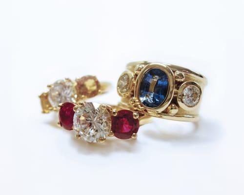 Custom designed gemstone rings using client's gold and gemstones.