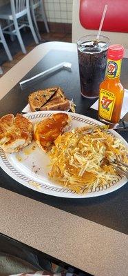 6/12/23 Perfectly grilled juicy chicken breasts Double hash brown scattered light Raisin toast tonight Diet Coke.