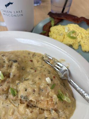 Biscuits and gravy with eggs and NUESKE'S bacon