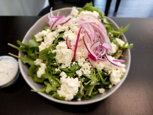 Greek quinoa salad: roasted chicken, quinoa, cherry tomatoes, onion, olive, feta, arugula and tzaziki sauce. Lots of arugula and feta. ($15)
