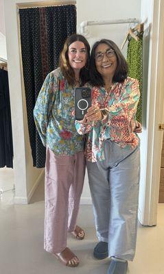 Patty inspires me to go checker Taffeta silk pants with rayon coral & sea weeds blouse