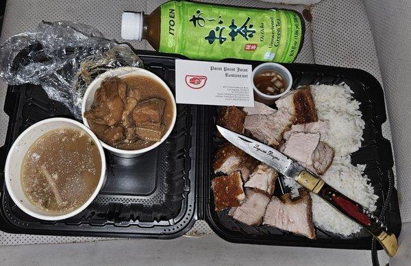 Point Point Joint: Pork Adobo; Lechon Kawali; complimentary soup. Japanese green tea