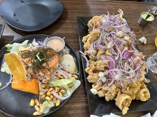 Ceviche, chaufa mixto and mixed fried seafood