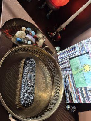 Brass leaf tray,Brass floral handle tray & silver vintage floral decor brush!! Xoxo