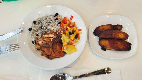 Chicken Salsa with Mixed Veggies and Fried Sweet Plantains