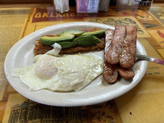 Traditional - 2 eggs over easy, hash browns w/avocado (up charge, I asked for it), and smoked sausage links