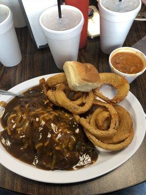 " The Dano" this is a large hamburger steak with everything on it.