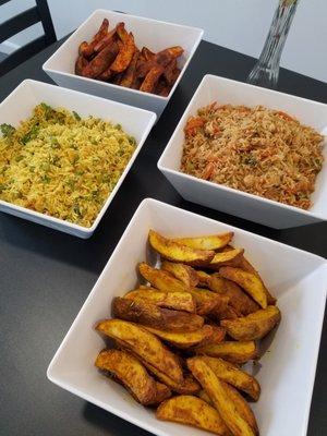 Vegetables rice and potatoes.