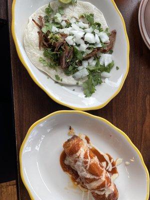 Carnita taco, pork tamale