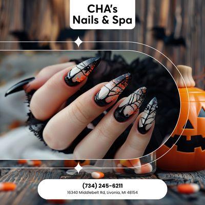 Spiderwebs and sleek lines add the perfect creepy-chic touch. Make your nails unforgettable this season. Book your spot today