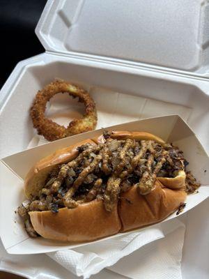 Brat Drunken Hot dog and a piece of onion rings thee most
