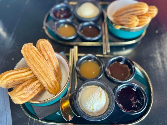Churro desserts were so good with berry sauce with real berries, caramel, chocolate syrup and a scoop of vanilla ice cream