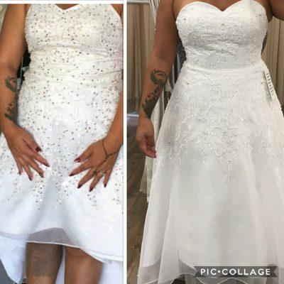 Left- dress I received (vomit of sequins) Right- My "I said yes to the dress" dress at the store See the difference??