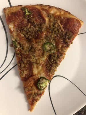 sausage and Pepperoni NYC, I added Jalapeño at home!   Mmmmm