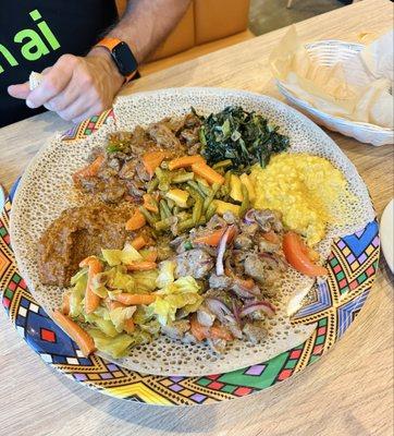 Awaze beef tibs, lamb tibs, veggie combo