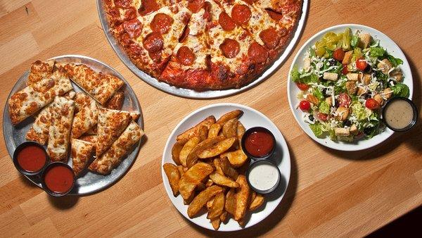 Large Pepperoni, Mafia Bread, Potato Wedges, and House Salad