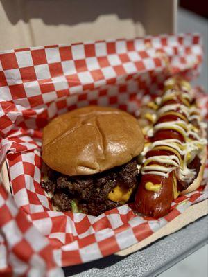 Double smash and bacon hot dog