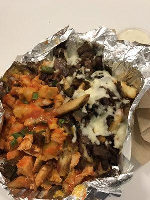Loaded buffalo chicken fries and cheese steak fries