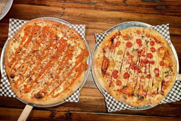 Left: "Hot Clucker" pizza Right: "Margherita" pizza