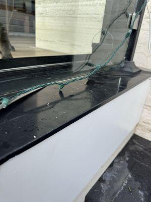 Looks like the manufacturer weep holes were covered with caulk. Rain filled the track and entered the home through missing screw holes.