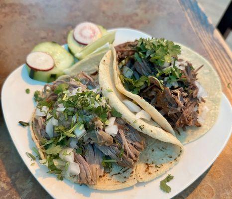 Carnitas and Barbacoa tacos
