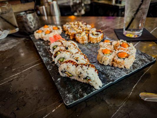 Spicy tuna, shrimp tempura, and eel rolls.