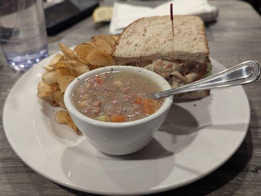 Ham and Navy Bean Soup with Shrimp Salad Sandwich and chips Half Soup Half Sandwich