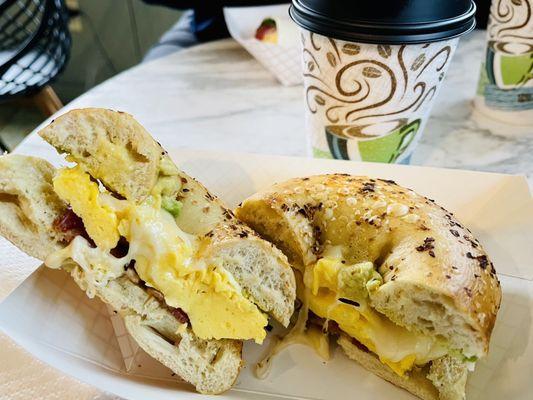 Bagel breakfast sandwich, hot chai latte