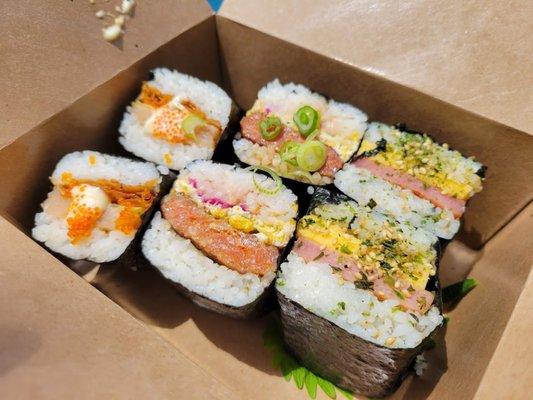 Various Musubis: Shrimp "Ha Gao", Longanisa, Spam & Tomago