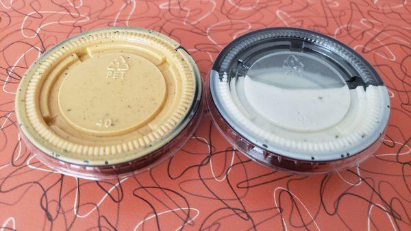 Chipotle and Ranch sauces for Crispy Chicken Soft Tacos (left to right)