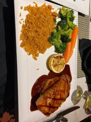 Teriyaki salmon no peppers and no onions.