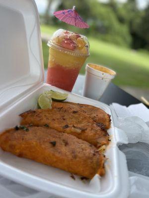 Queso tacos with birria, strawberry mango smoothie