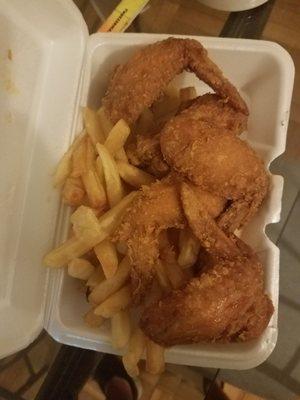 Chicken wings and French fries. Legit.