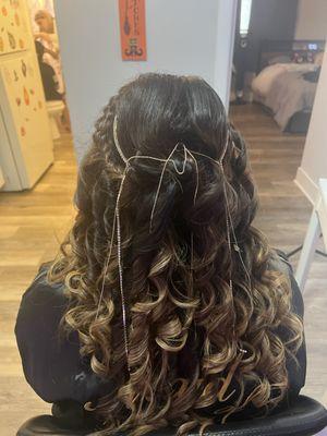 Half-up curls with soft braids and shimmer threads
A whimsical and elegant party look -- perfect for birthdays, prom, or any special night.