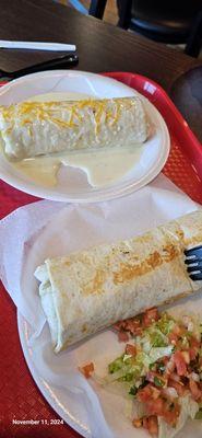 Shrimp burritos, one is "Wet Style"