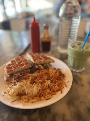 Beef brisket waffle Sammie with hashbrowns