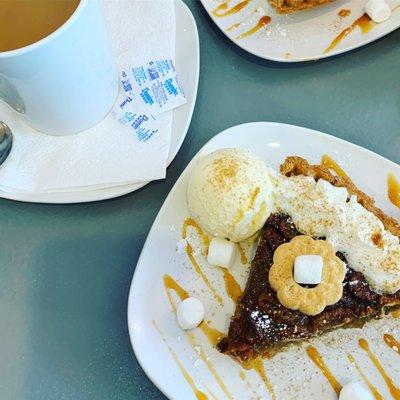 Pecan pie a la mode with coffee. Yum!