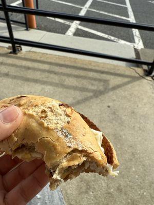 Excuse my chewed food, but I received this 3/22/25 and I noticed there appears to be mold on the bagel?? Yuck