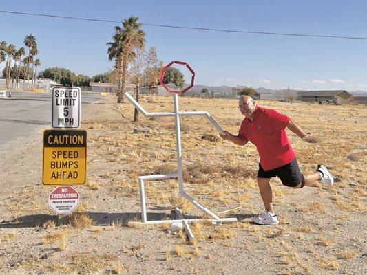 The running man sculpture at Baker, CA